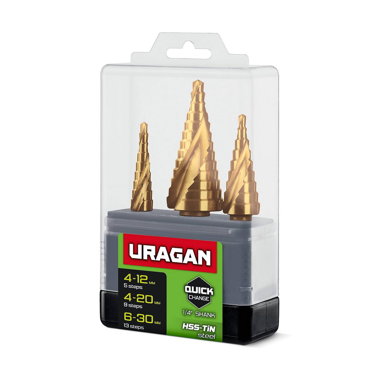 URAGAN 3 шт, 4-30мм, винтовая спираль, набор сверл ступенчатых {29658-4-30-H3}