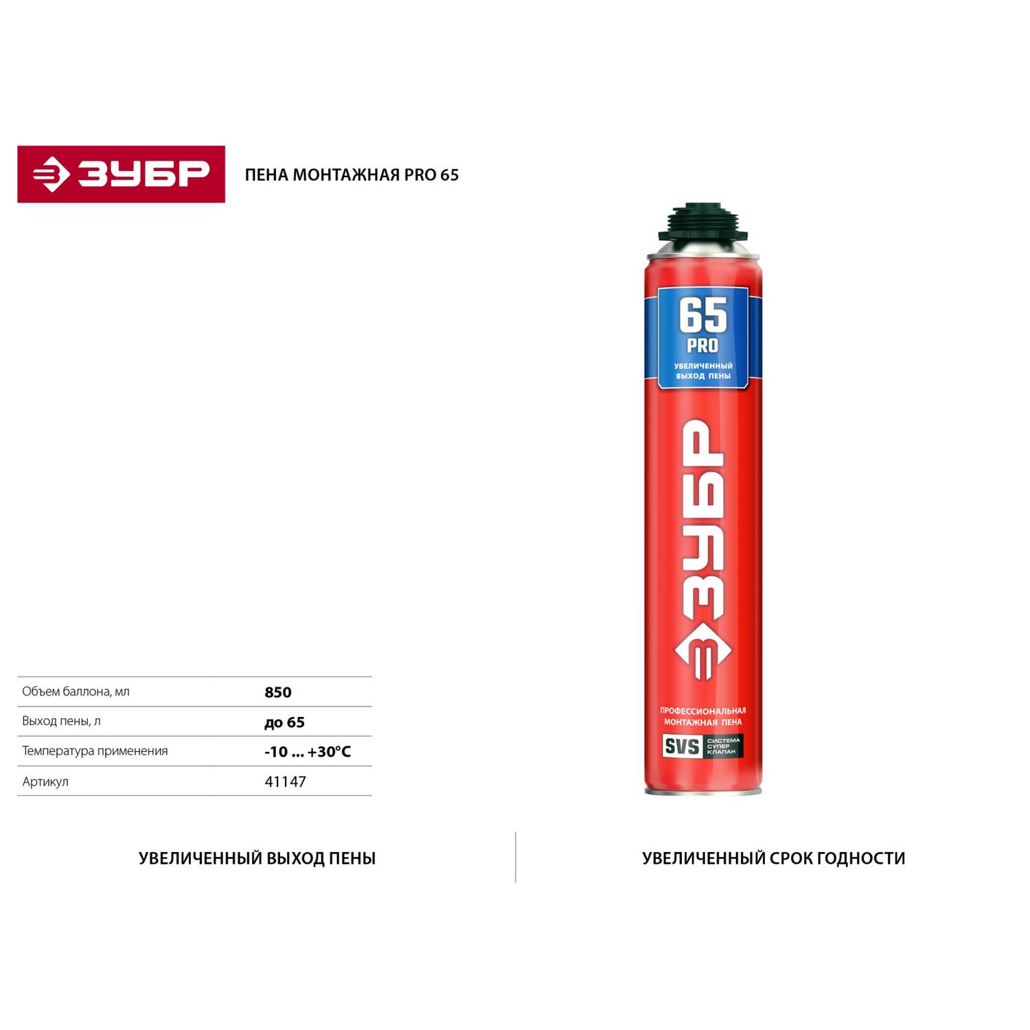 ЗУБР  PRO 65, 850 мл, пистолетная, всесезонная, SVS, с увеличенным выходом до 65 л, профессиональная, монтажная пена (41147)
