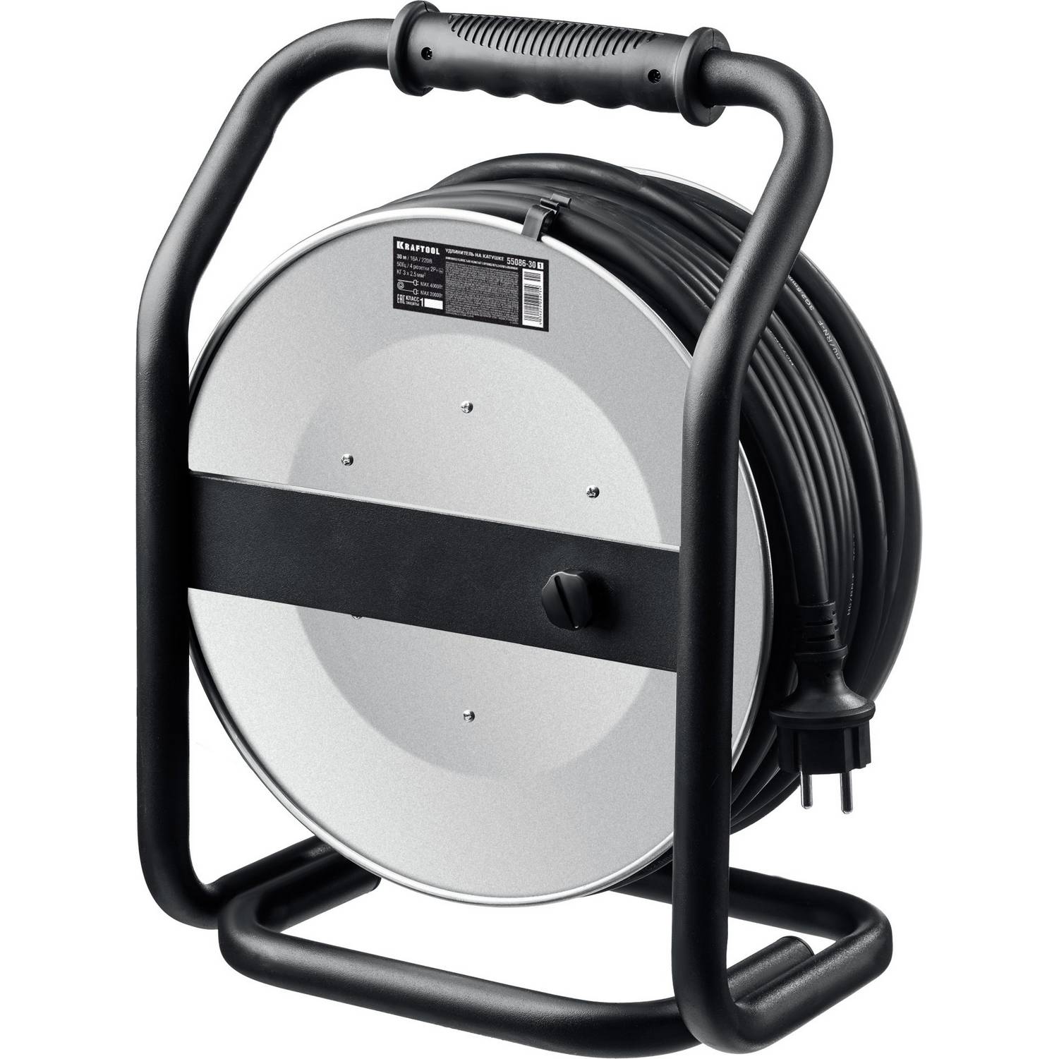 KRAFTOOL  КГ 3х2.5 30м 4000Вт IP44, HEAVY DUTYСиловой удлинитель на стальной катушке  {55086-30_z01}