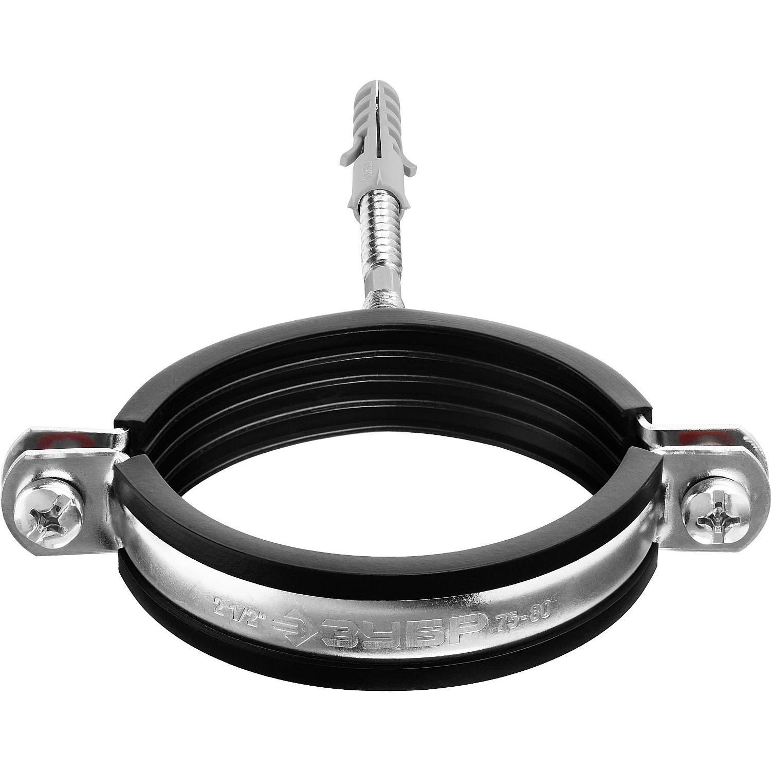 Хомут трубный с гайкой, оцинкованный, в комплекте с сантехнической шпилькой и дюбелем, 2 1/2", 1шт, ЗУБР