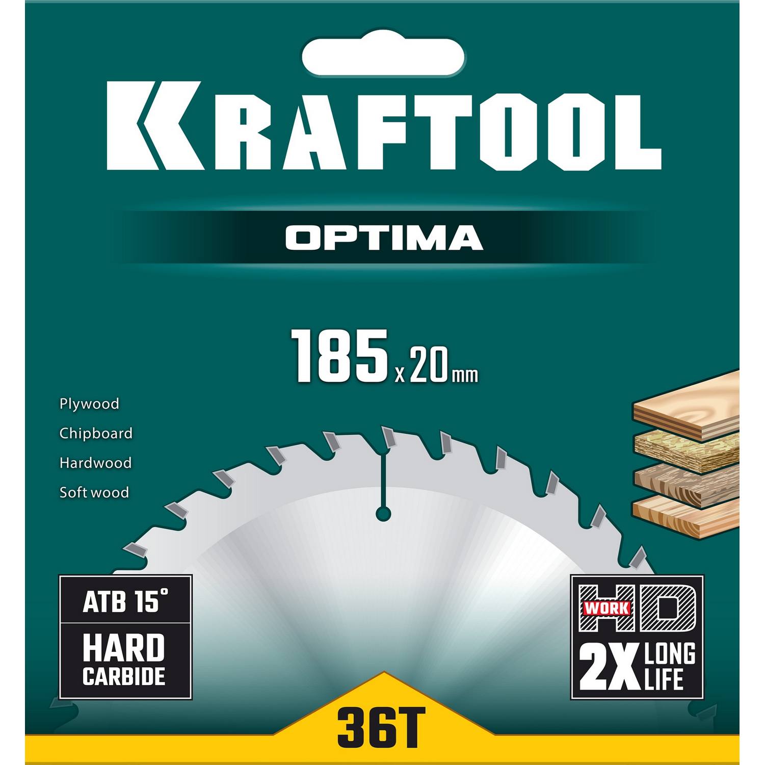 KRAFTOOL  Optima, 185 х 20 мм, 36Т, пильный диск по дереву {36951-185-20}