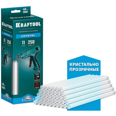 KRAFTOOL Cristal кристально прозрачные клеевые стержни, d 11 x 250 мм (11-12 мм)  40 шт. 1 кг {06846-40}