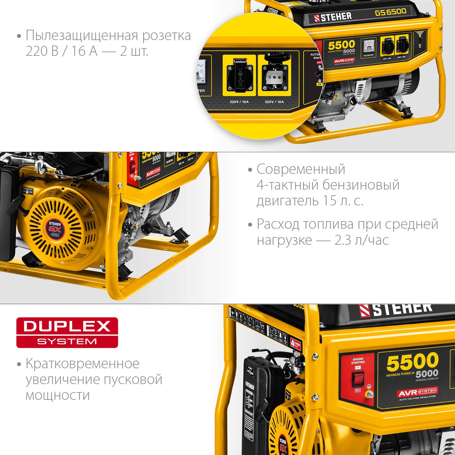 GS-6500 бензиновый генератор, 5500 Вт, STEHER {GS-6500}