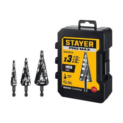 STAYER Pro-Max 3 шт, 4-30мм, винтовая спираль, набор сверл ступенчатых {29661-4-30-H3}