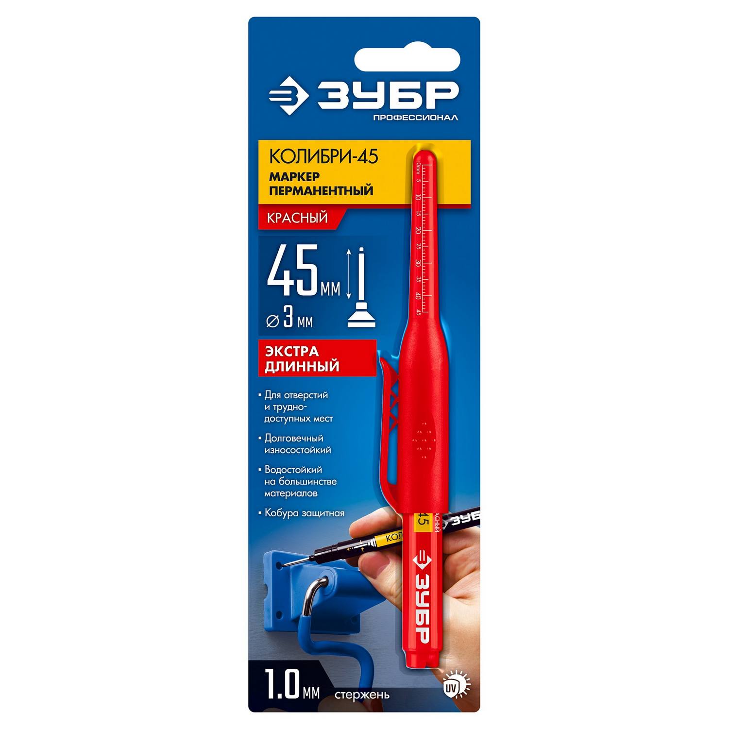 ЗУБР  Колибри-45 красный, наконечник L 45 мм, ? 3 мм, перманентный маркер для отверстий {06339-3}