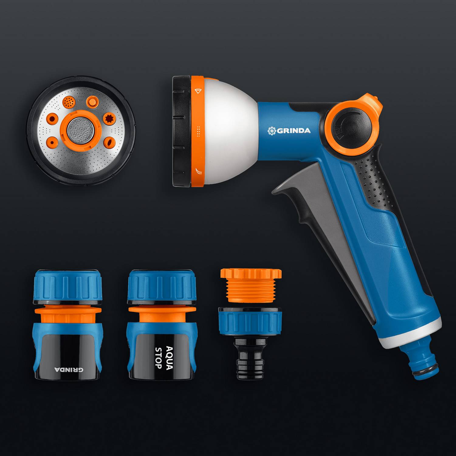 GRINDA  Х-812, питолет поливочный X-8, коннектор 1/2, конектор 1/2 с автостопом, адаптер с внутр. резьбой 1/2 х 3/4, набор поливочный PROLine {429168}