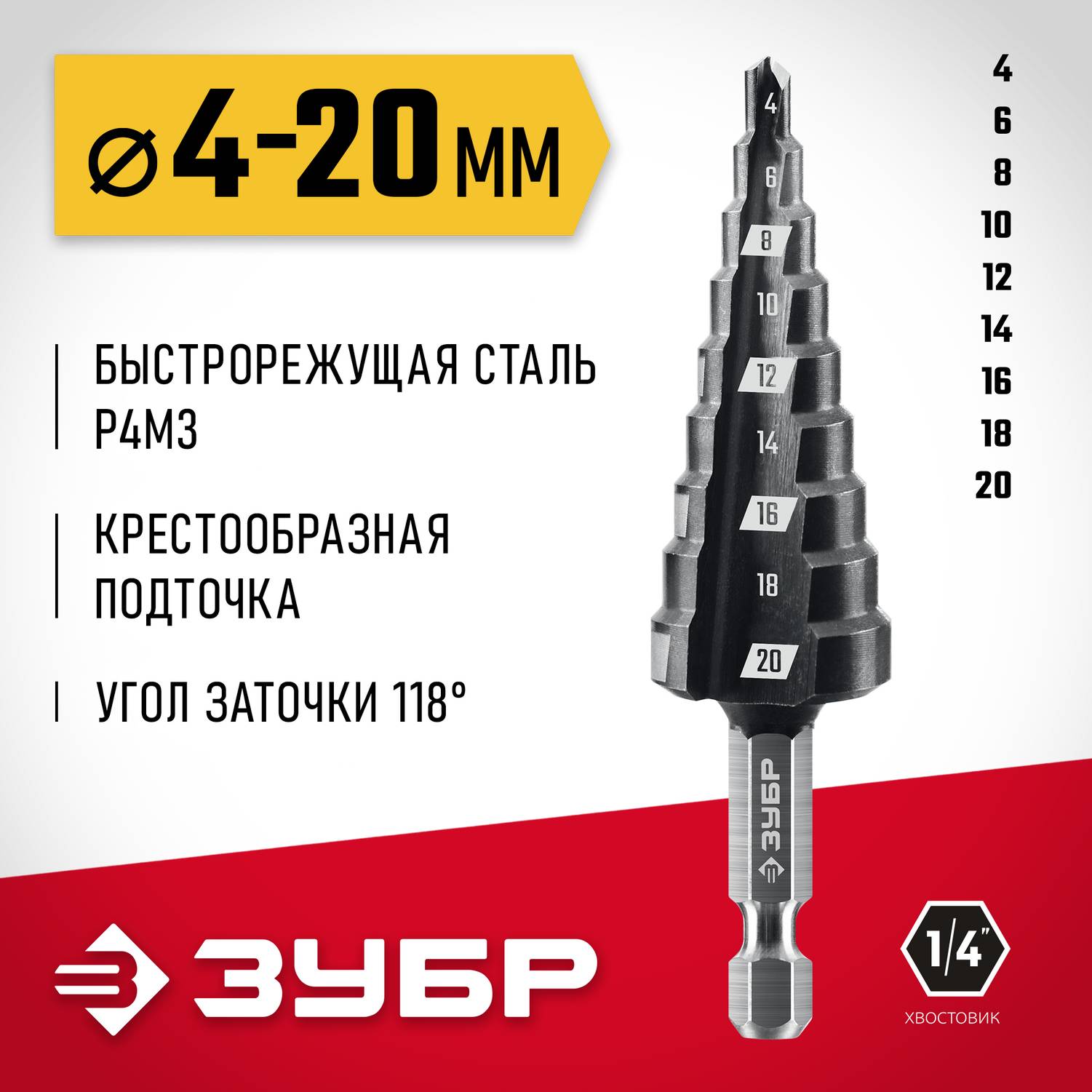 ЗУБР 4-20мм, 9 ступеней, сверло ступенчатое {29665-4-20-9_z01}