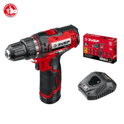 ЗУБР 12В, 1 АКБ (2Ач), в коробке, дрель-шуруповерт. ДШЛ-125-21 {ДШЛ-125-21}