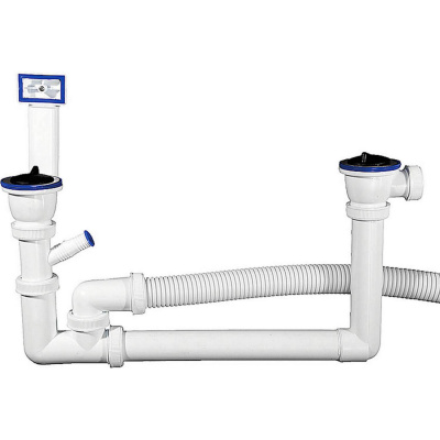 Сифон ЗУБР "Мастер" колбовый для двухместной мойки, выпуск - нержавеющая чашка, перелив, отвод для стиральной машины