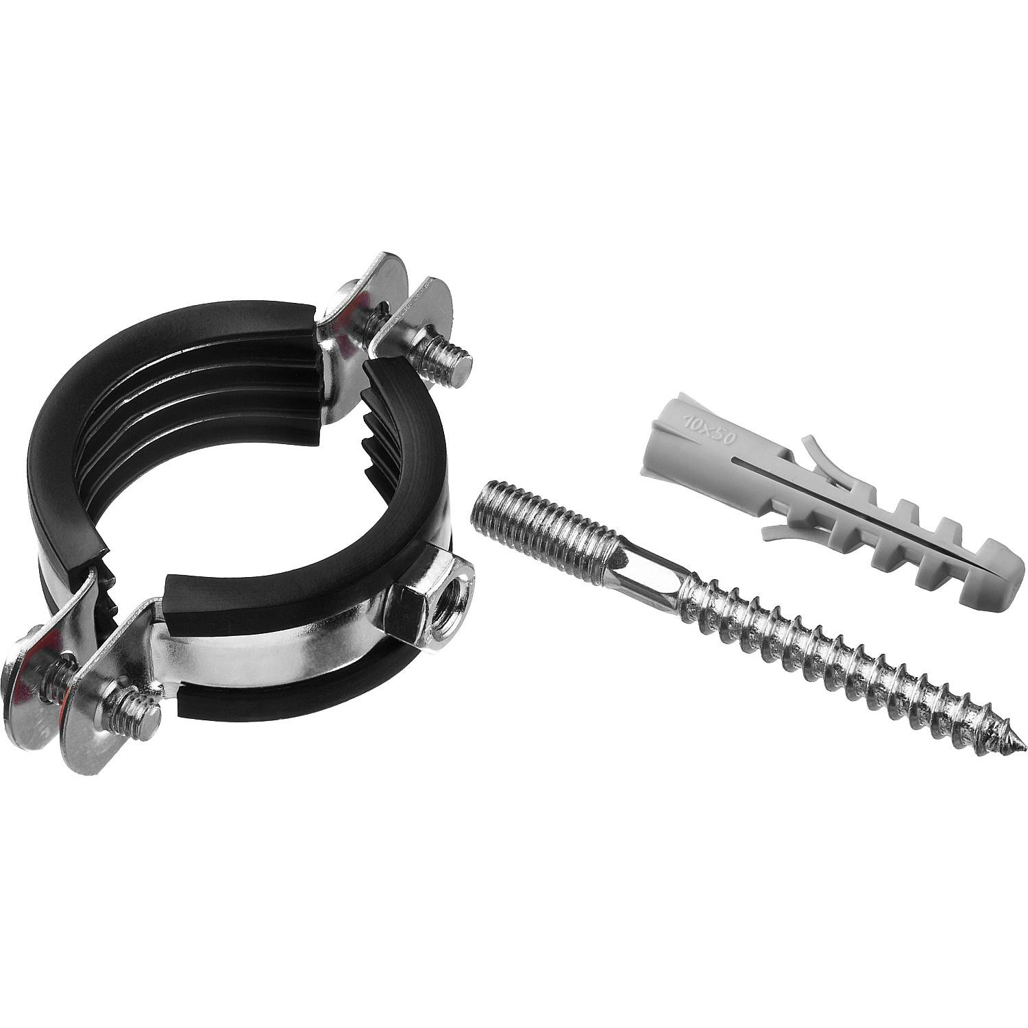 Хомут трубный с гайкой, оцинкованный, в комплекте с сантехнической шпилькой и дюбелем, 1 1/4", 1шт, ЗУБР