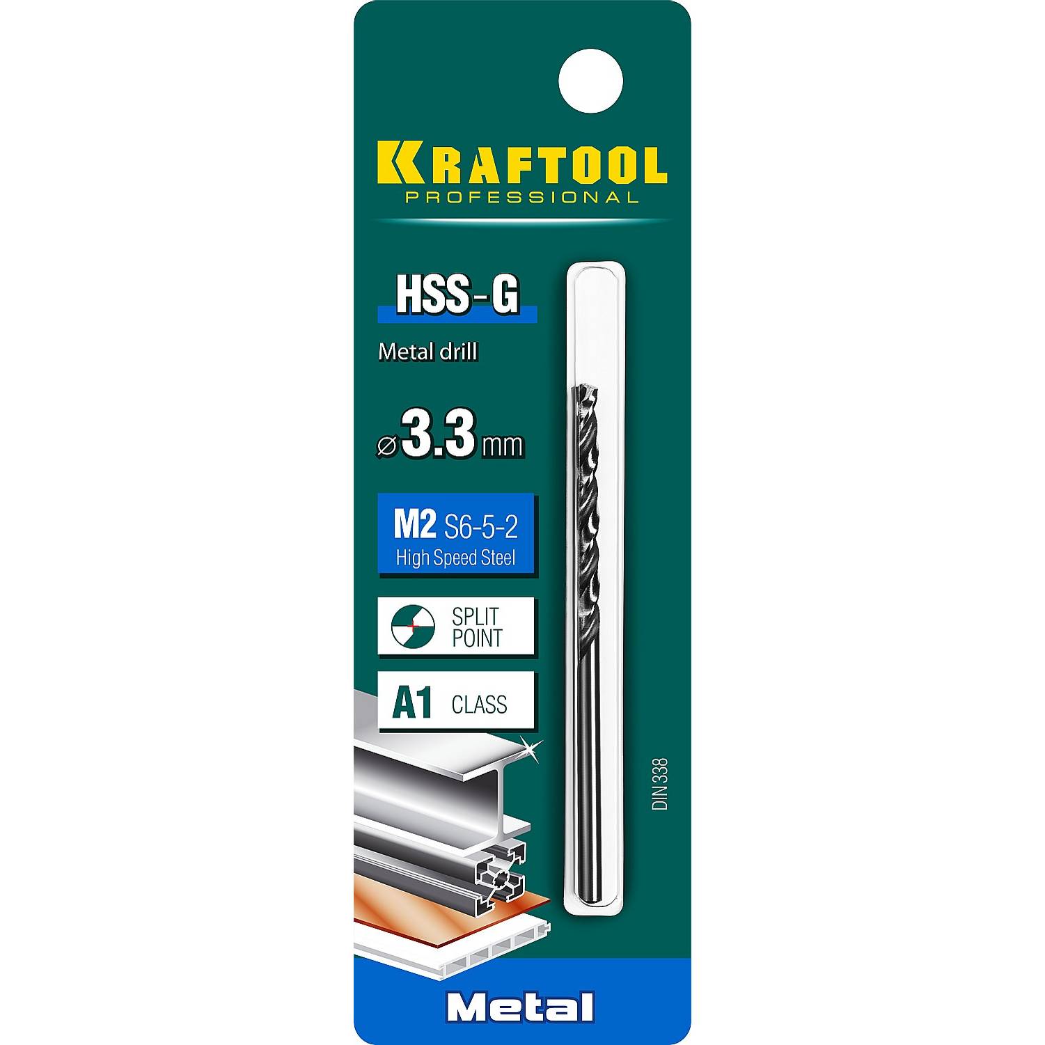 KRAFTOOL HSS-G 3.3 х65мм, Сверло по металлу HSS-G, сталь М2(S6-5-2) {29651-3.3}