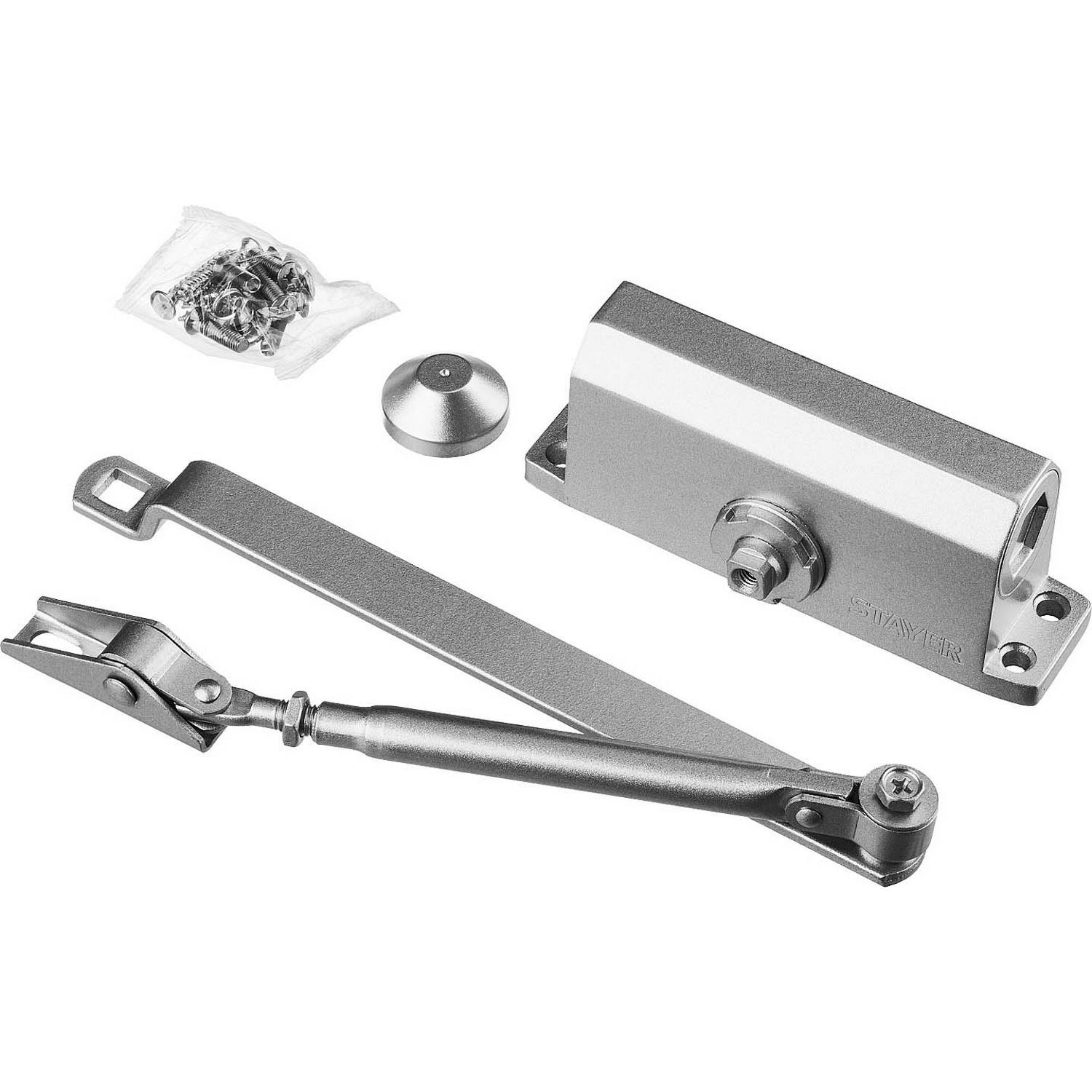 Доводчик дверной STAYER, для дверей массой до 40 кг, цвет серебро {37915-50}