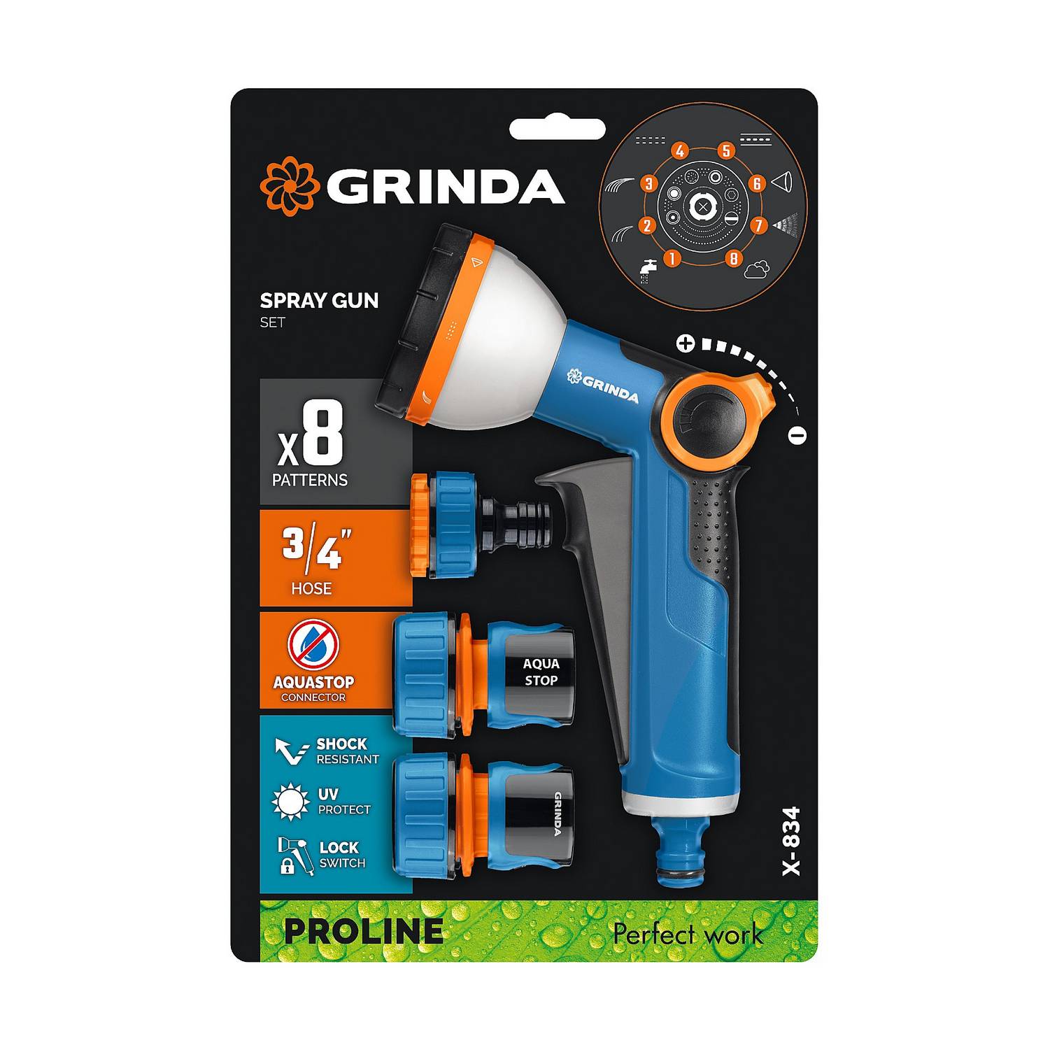GRINDA  Х-834, пистолет поливочный X-8, коннектор 3/4, конектор 3/4 с автостопом, адаптер с внутр. резьбой 1/2 х 3/4,набор поливочный PROLine {429167}