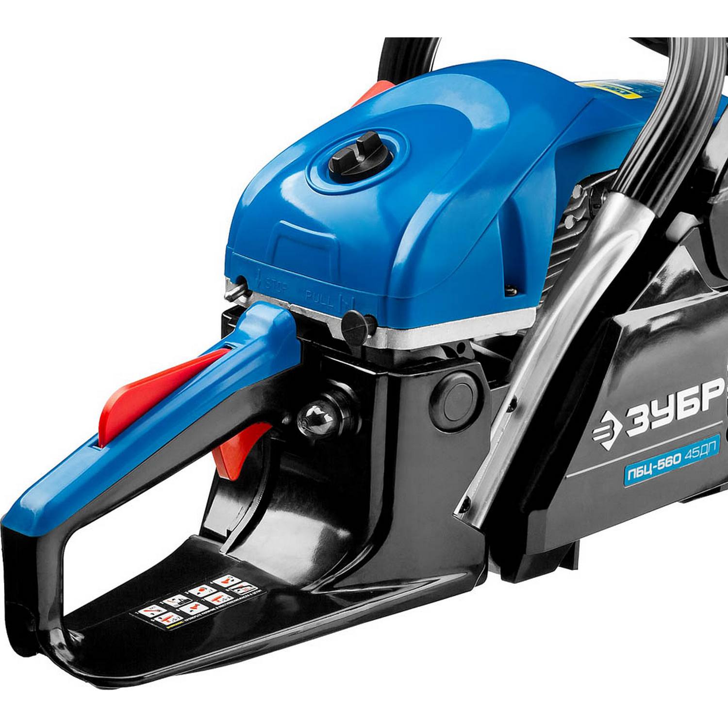 Пила цепная бензиновая, ЗУБР Профессионал ПБЦ-560 45ДП, хромир. цилиндр, праймер, декомпрессионный клапан, 56 см3 (2,4 кВт), шина 45 см, 12500 об/мин