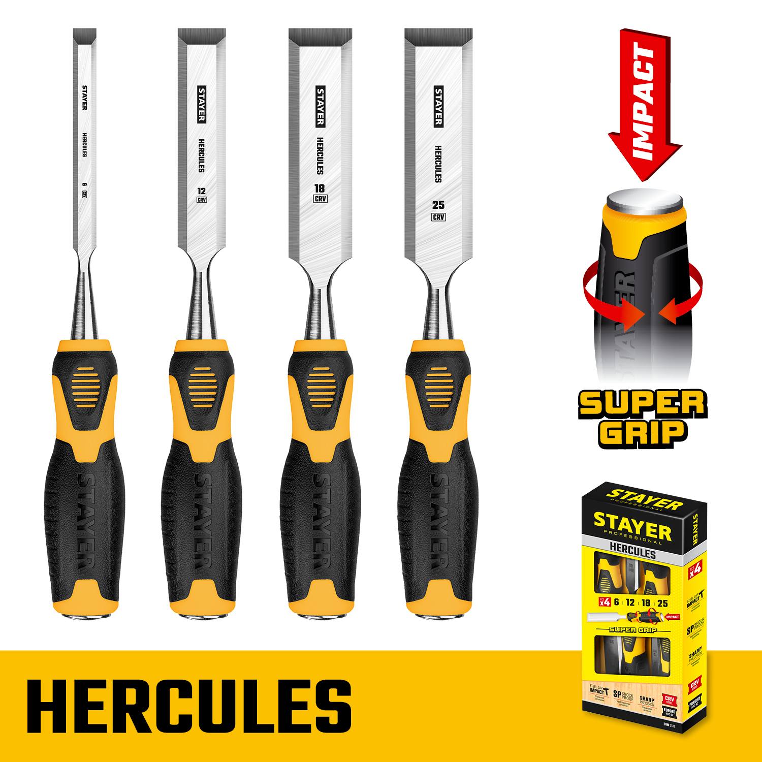 STAYER HERCULES набор стамесок-долот с двухкомпонентной рукояткой, 4шт {18205-H4}