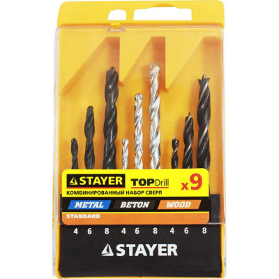STAYER  9шт, дерево 4/6/8 мм, металл 4/6/8 мм, бетон 4/6/8 мм, Комбинированный набор сверл (29720-H9)