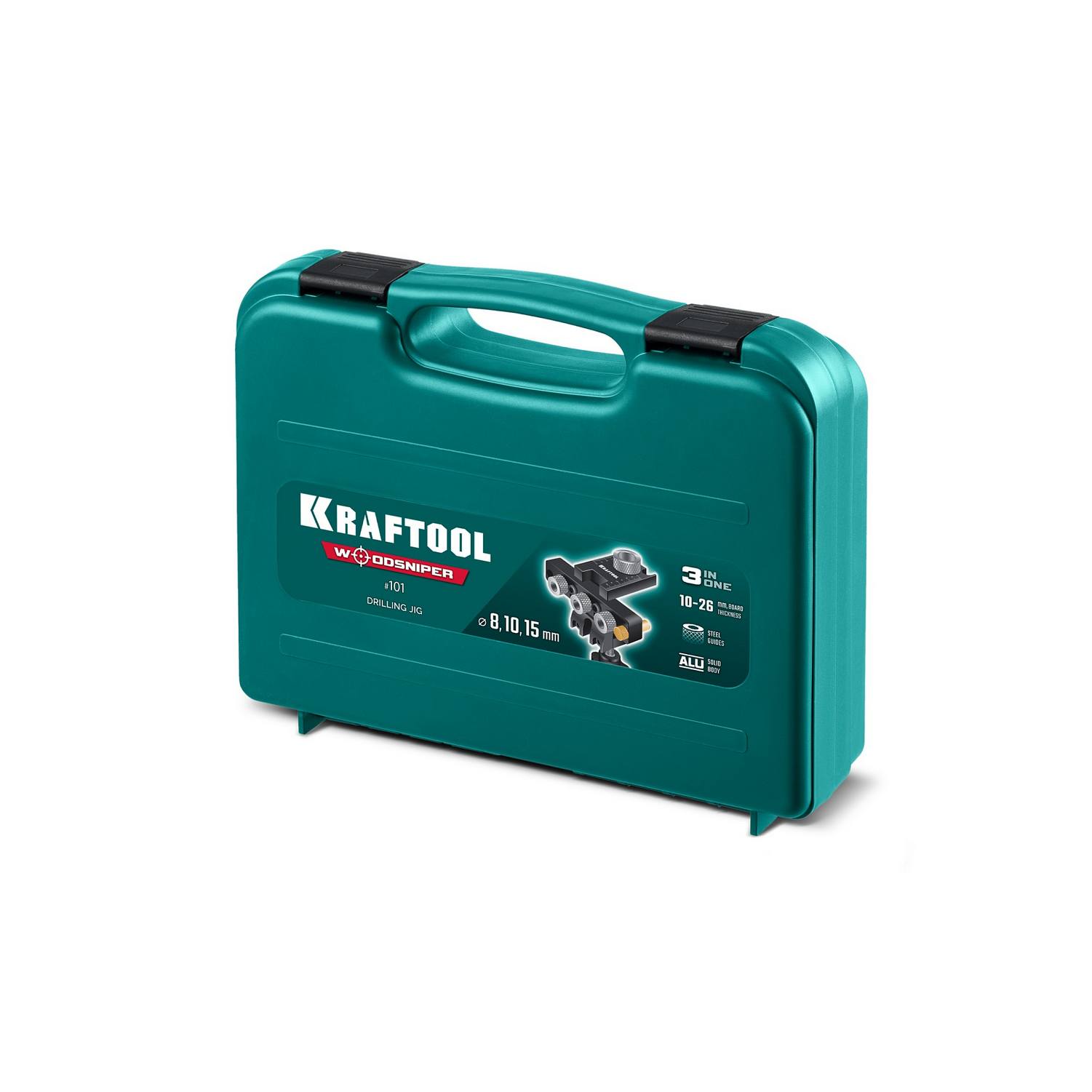KRAFTOOL  Woodsniper 101, "3-в-1" кондуктор для эксцентриковых стяжек и шкантов {30072}
