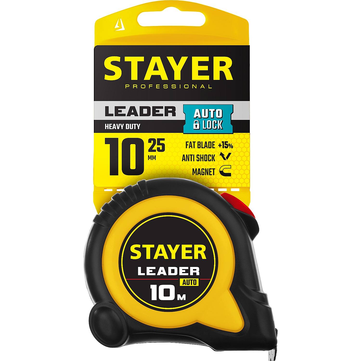 STAYER LEADER 10м / 25мм рулетка с автостопом в ударостойком обрезиненном корпусе {3402-10-25}