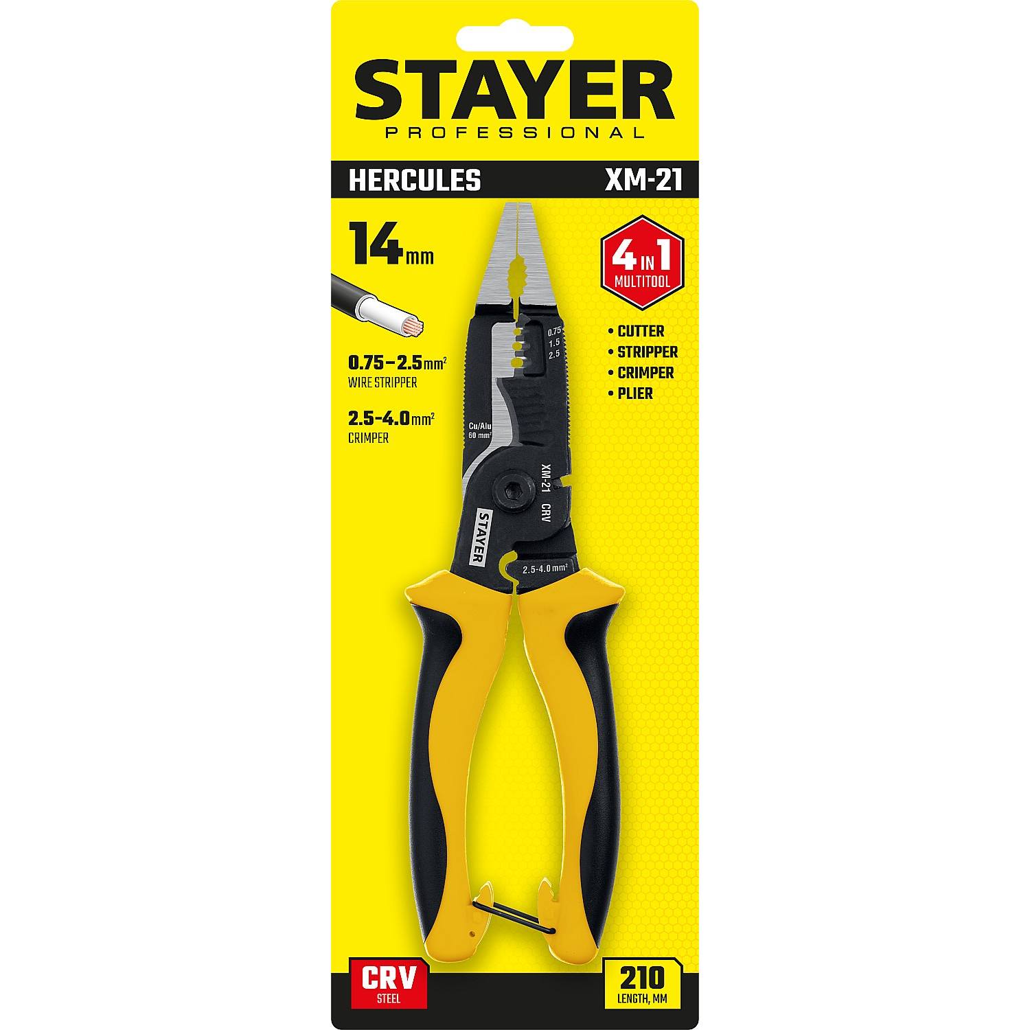 STAYER  XM-21, резка d 14мм, зачистка 0.75 – 25 мм2, кримпер 2.5 мм2, плоскогубцы 210 мм, многофункциональные клещи, Professional (23342-21)