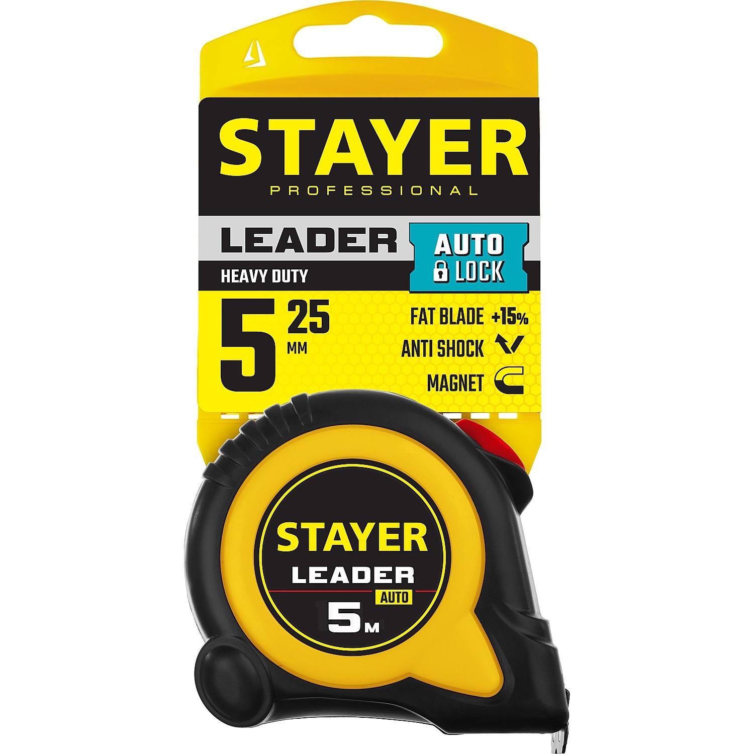 STAYER LEADER 5м / 25мм рулетка с автостопом в ударостойком обрезиненном корпусе {3402-5_z02}