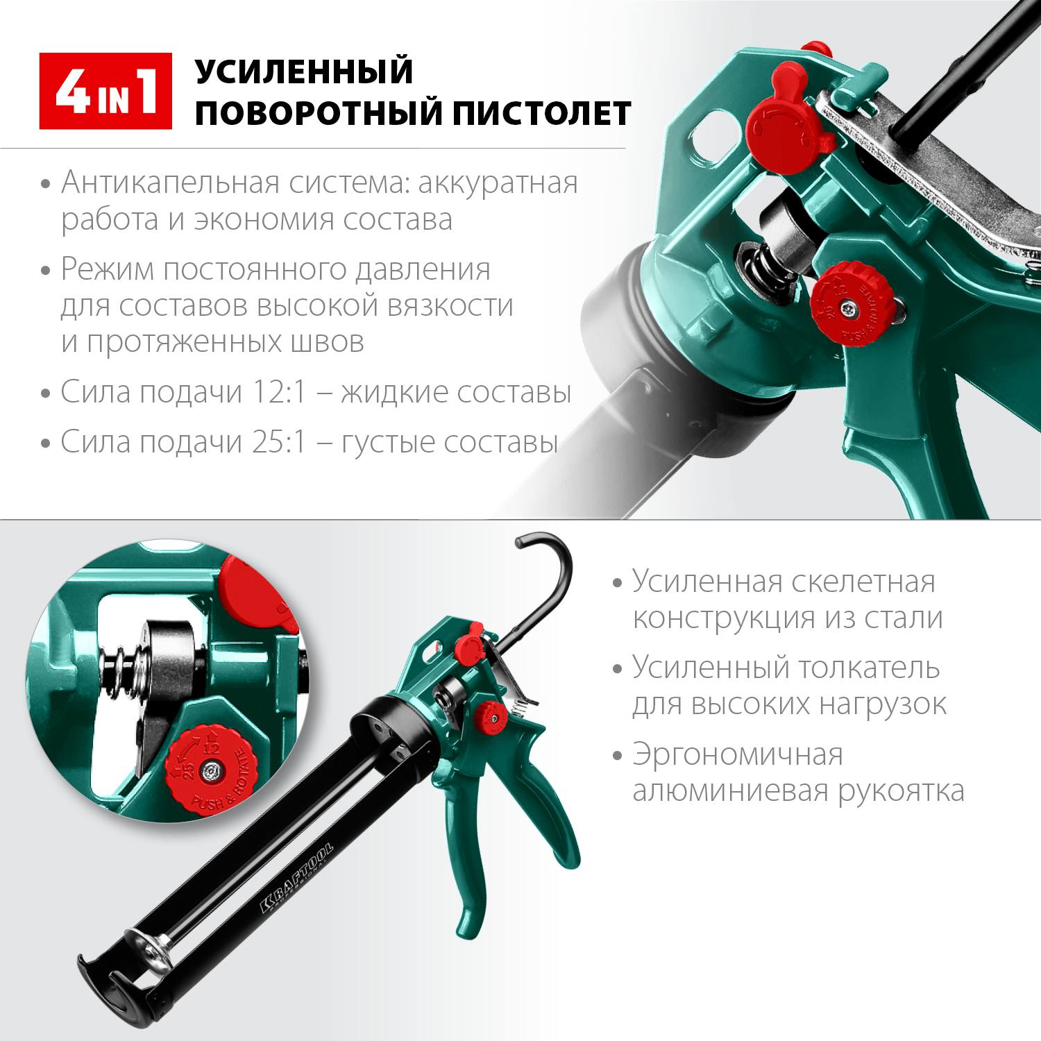 KRAFTOOL EXPERT 4-in-1  усиленный cкелетный поворотный пистолет для герметика, 310 мл {06675}