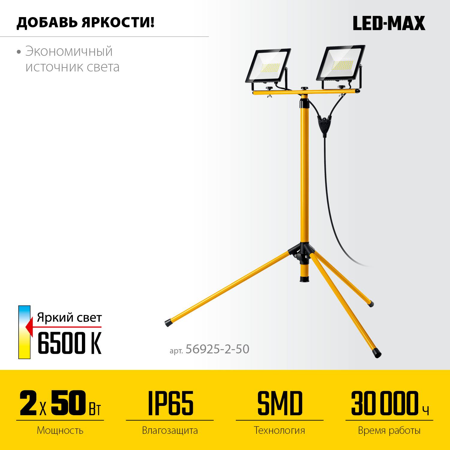 STAYER   2х50Вт, 6500К IP65, 1.6 м Светодиодные прожекторы  на штативе LED-MAX,  {56925-2-50}