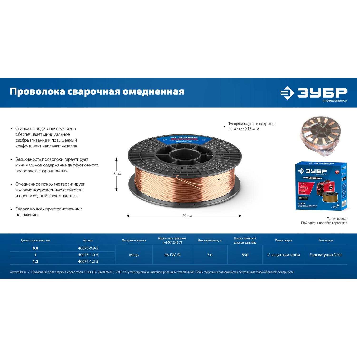 ЗУБР  О-СП, d 0.8 мм, 5 кг, омеднённая сварочная проволока, тип ER70S-6 (аналог Св-08Г2С-О), Профессионал {40075-0.8-5}