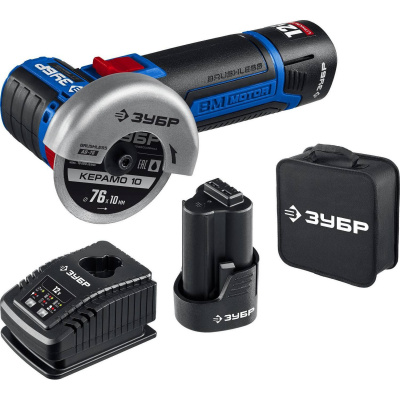 ЗУБР 12В бесщеточная УШМ, 2 АКБ (2Ач), в сумке, Профессионал. AB-76-22 {AB-76-22}