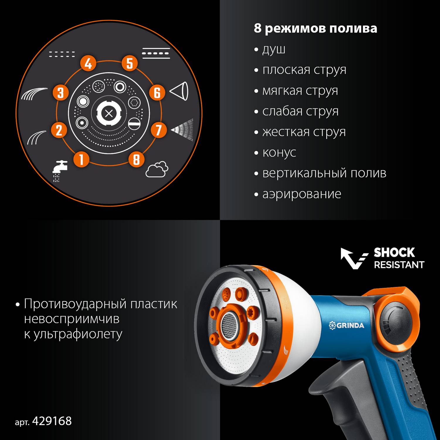 GRINDA  Х-812, питолет поливочный X-8, коннектор 1/2, конектор 1/2 с автостопом, адаптер с внутр. резьбой 1/2 х 3/4, набор поливочный PROLine {429168}
