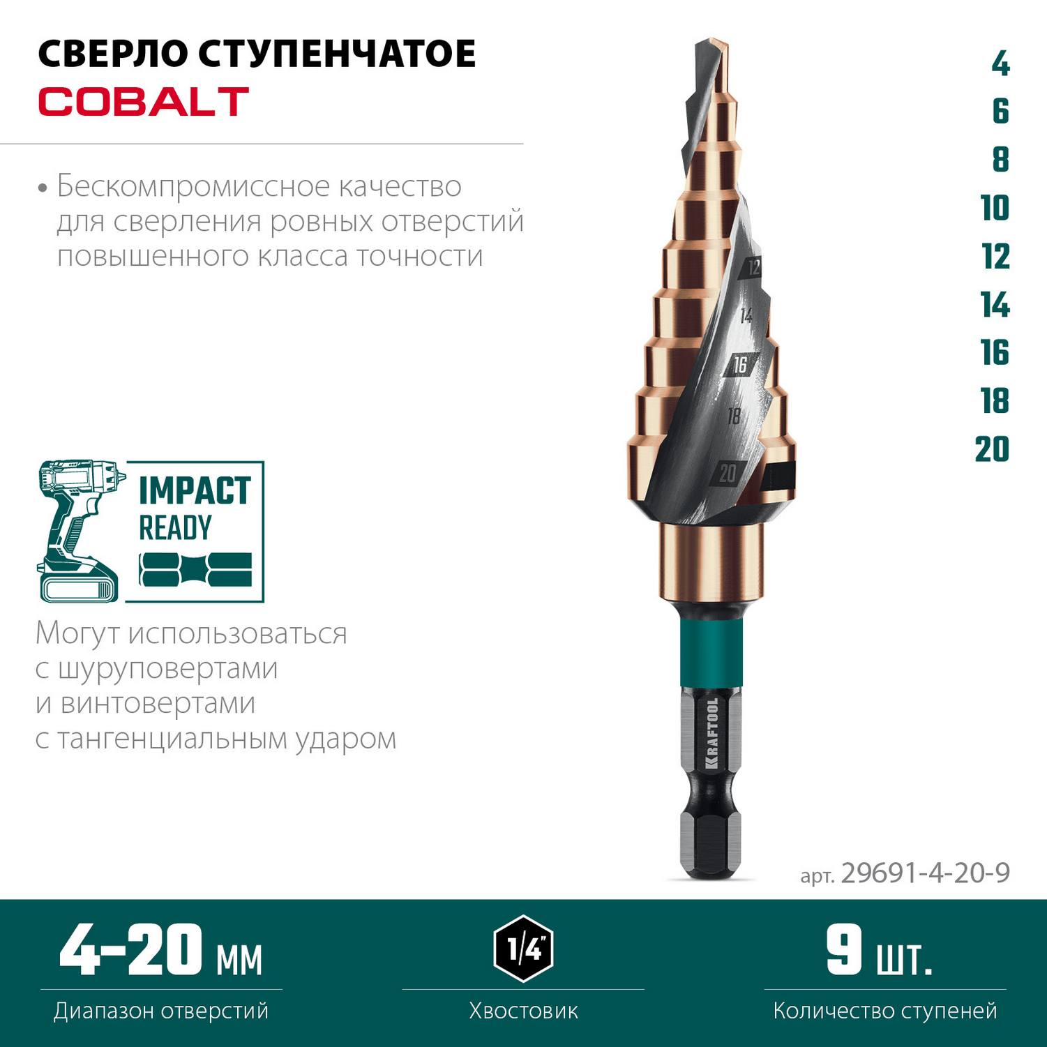 KRAFTOOL COBALT 4-20мм, 9 ступеней, азотирование, винтовая спираль, сверло ступенчатое {29691-4-20-9}