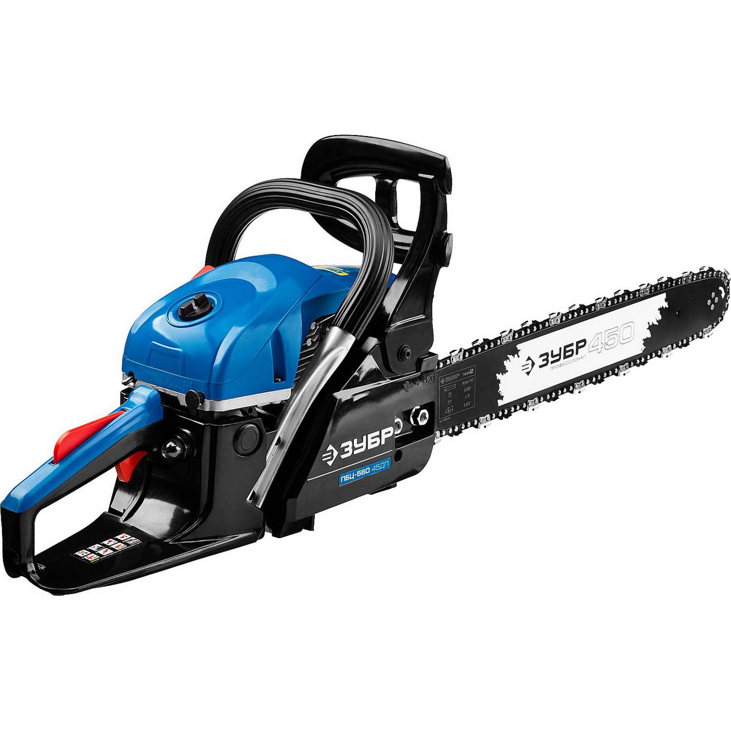 Пила цепная бензиновая, ЗУБР Профессионал ПБЦ-560 45ДП, хромир. цилиндр, праймер, декомпрессионный клапан, 56 см3 (2,4 кВт), шина 45 см, 12500 об/мин