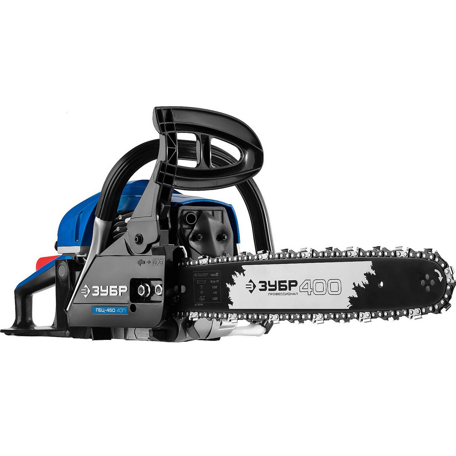 Пила цепная бензиновая, ЗУБР Профессионал ПБЦ-450 40П, хромир. цилиндр, праймер, 45 см3 (1.8 кВт), шина 400 мм, 10800 об/мин
