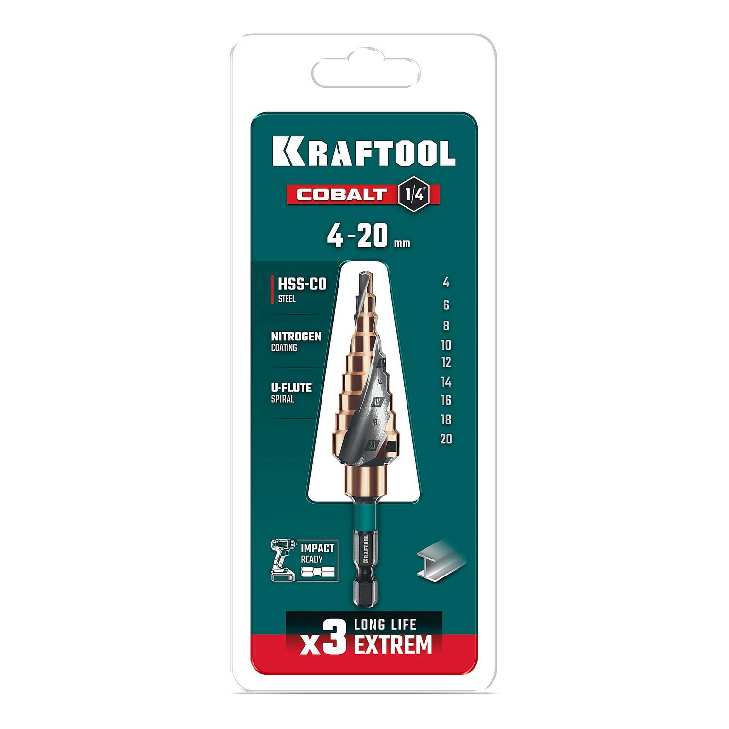 KRAFTOOL COBALT 4-20мм, 9 ступеней, азотирование, винтовая спираль, сверло ступенчатое {29691-4-20-9}