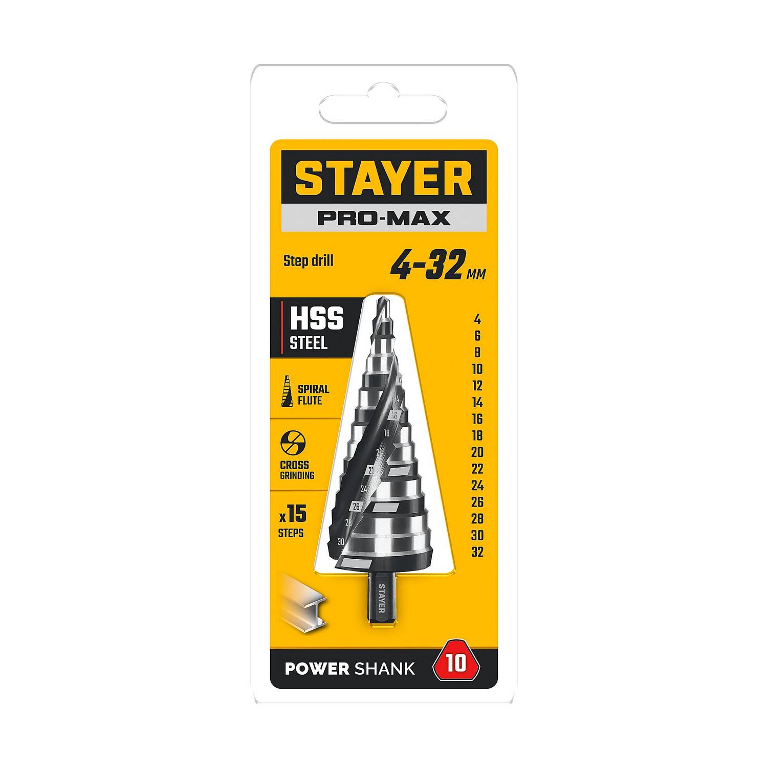 STAYER Pro-Max 4-32мм, 15 ступеней, винтовая спираль, сверло ступенчатое {29661-4-32-15}