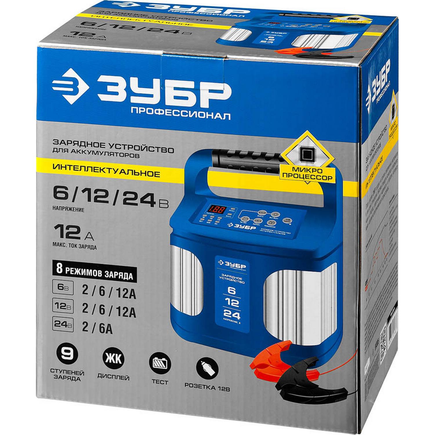 ЗУБР  ЗУ-240, 6/12/24 В, 2-12 А, розетка 12 В, интеллектуальное зарядное устройство для аккумуляторов, Профессионал (59305)