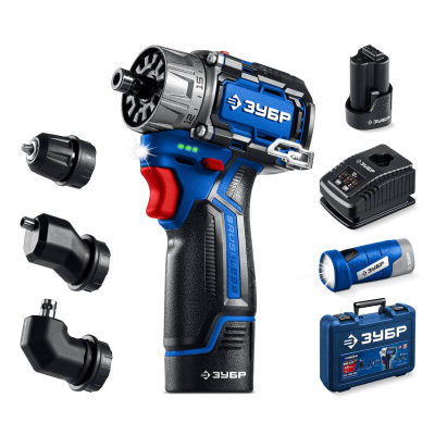 ЗУБР  КОМБИ #4, набор: модульная дрель-шуруповерт + LED фонарь, BRUSHLESS, 12 В, 45 Н·м, 2 АКБ тип Т7 (2 А·ч), кейс, Профессионал  (DB-125-22F)