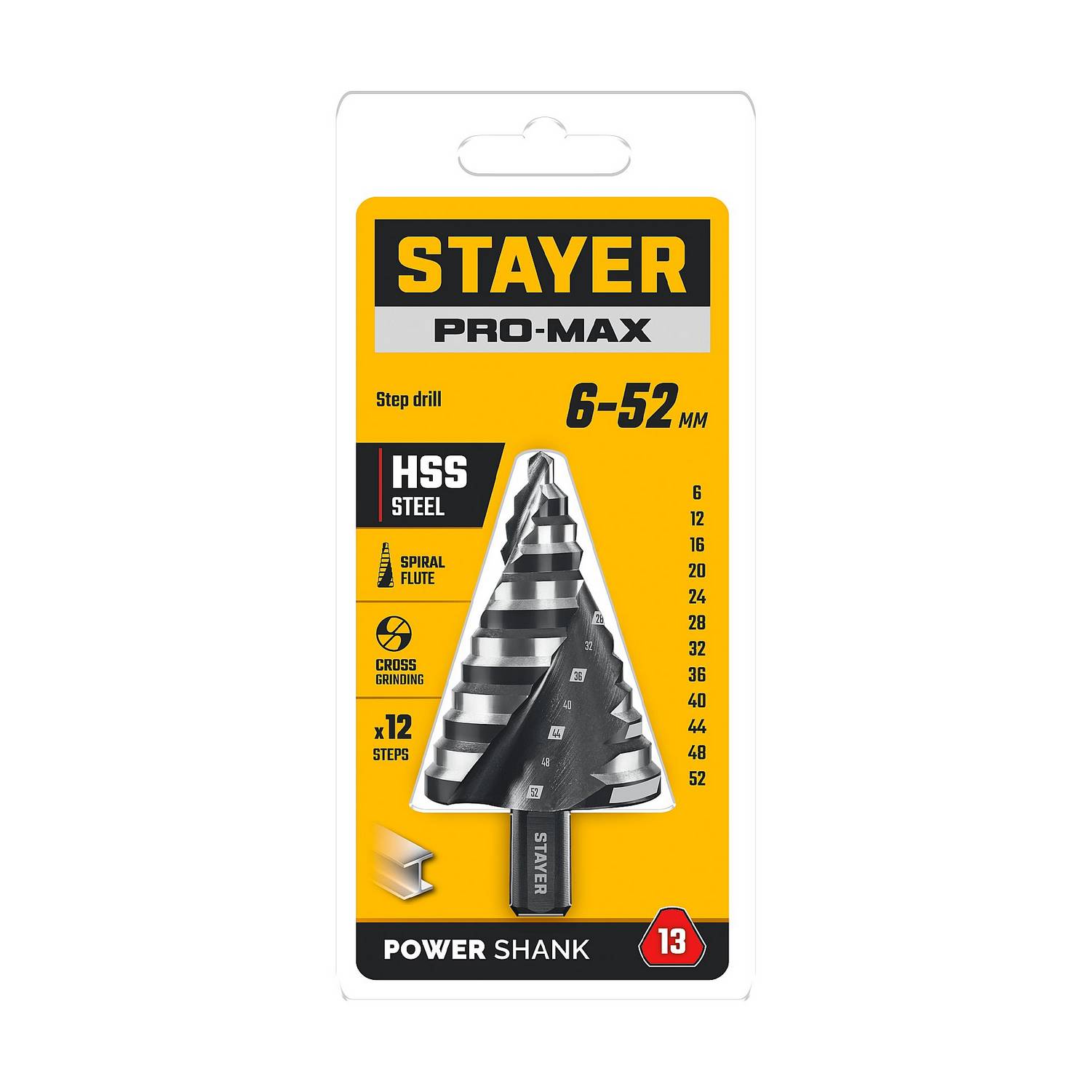 STAYER Pro-Max 6-52мм, 12 ступеней, винтовая спираль, сверло ступенчатое {29661-6-52-12}