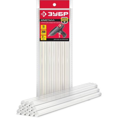 ЗУБР прозрачные универсальные клеевые стержни, d 11 мм х 200 мм (11-12 мм) 12 шт. 240 г {06854-12}