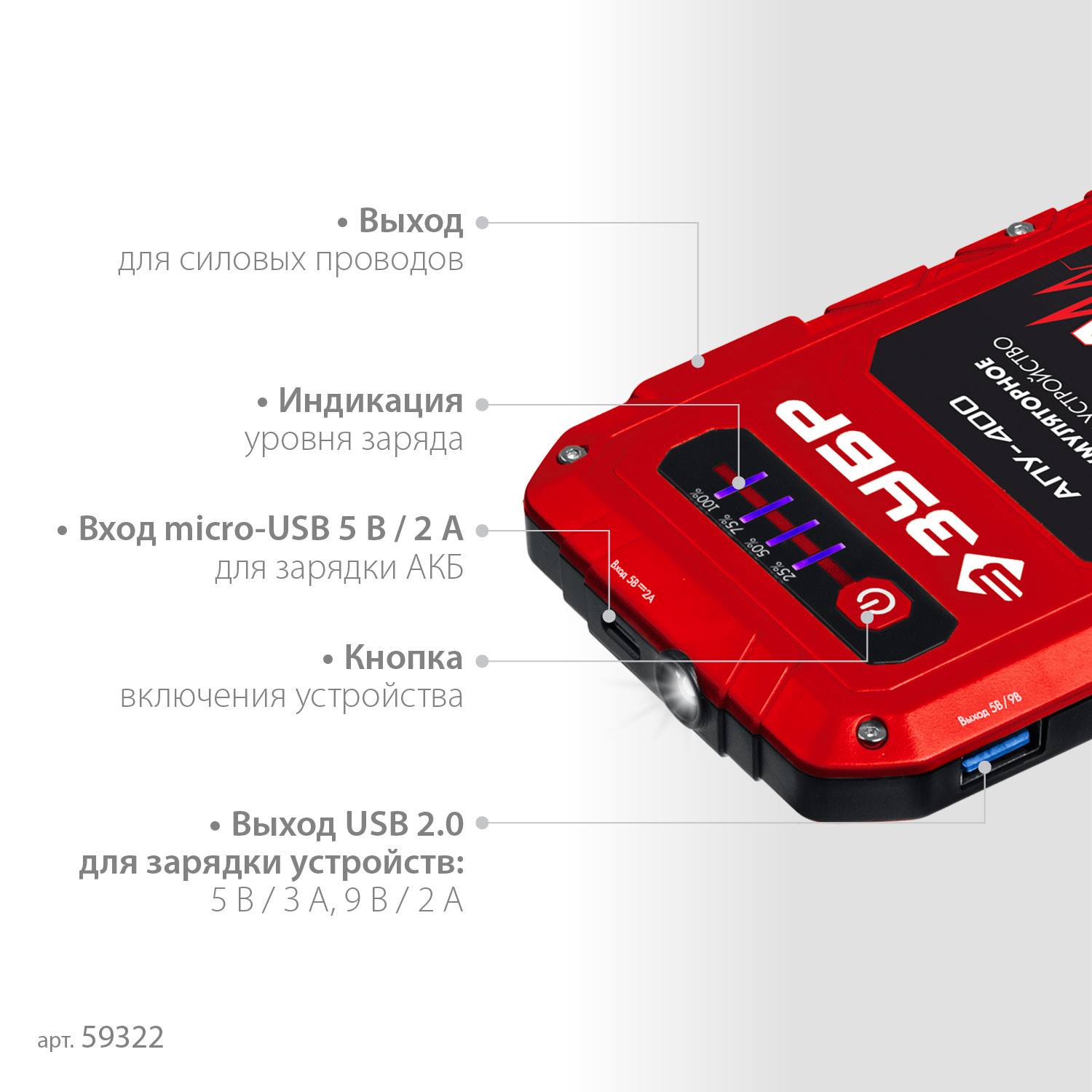 ЗУБР АПУ-400  аккумуляторное пусковое устройство: 12В, макс. 400А. {59322}