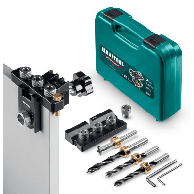 KRAFTOOL  Woodsniper 101, "3-в-1" кондуктор для эксцентриковых стяжек и шкантов {30072}