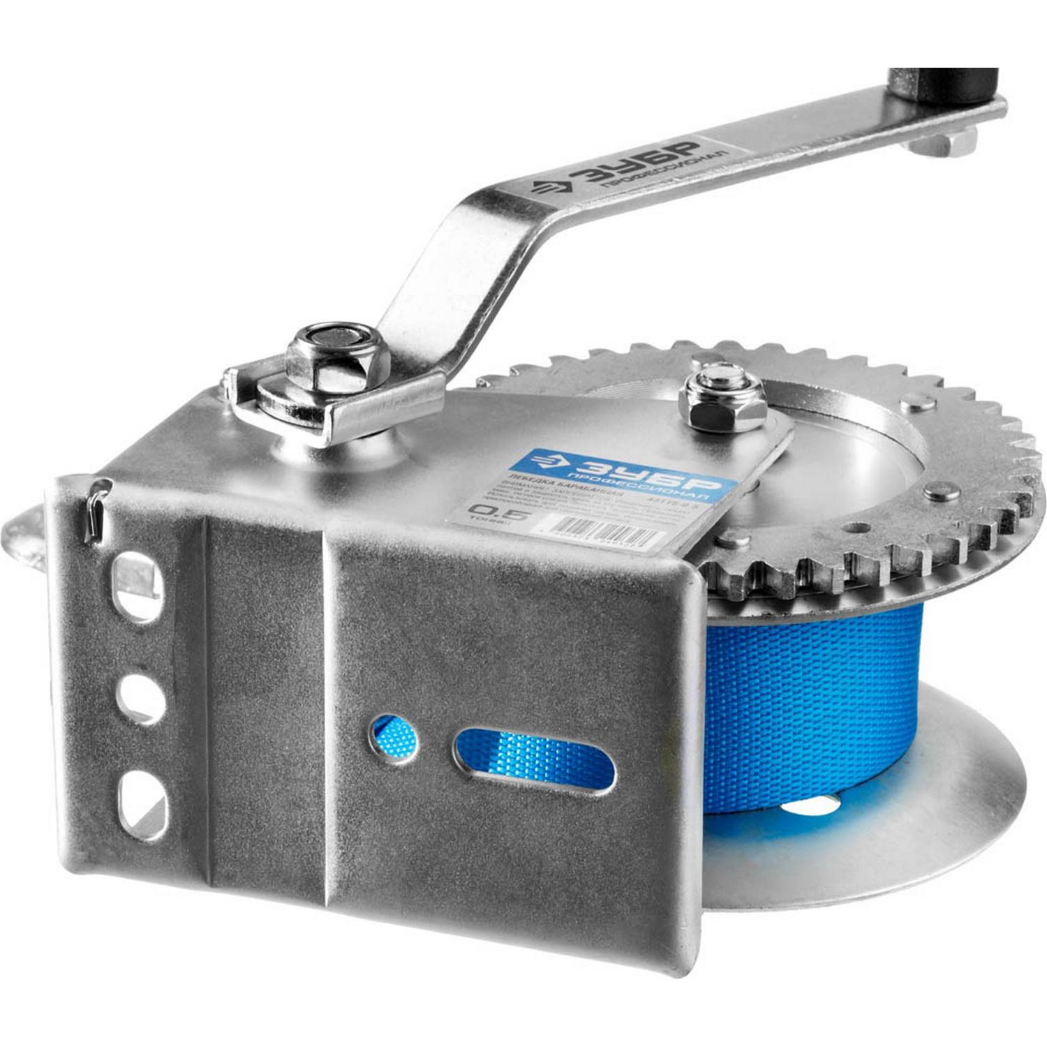 Лебедка ручная барабанная ЗУБР "Профессионал", тяговая, ленточная, 0,5т, 8м {43115-0.5}