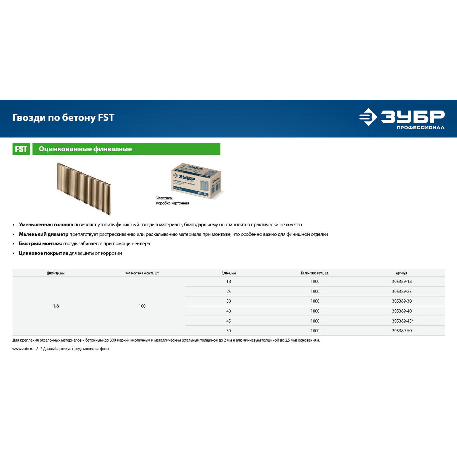 ЗУБР  FST 45 х 1.8 мм, финишные гвозди по бетону оцинкованные, калибр 15GA, 1000 шт {305389-45}